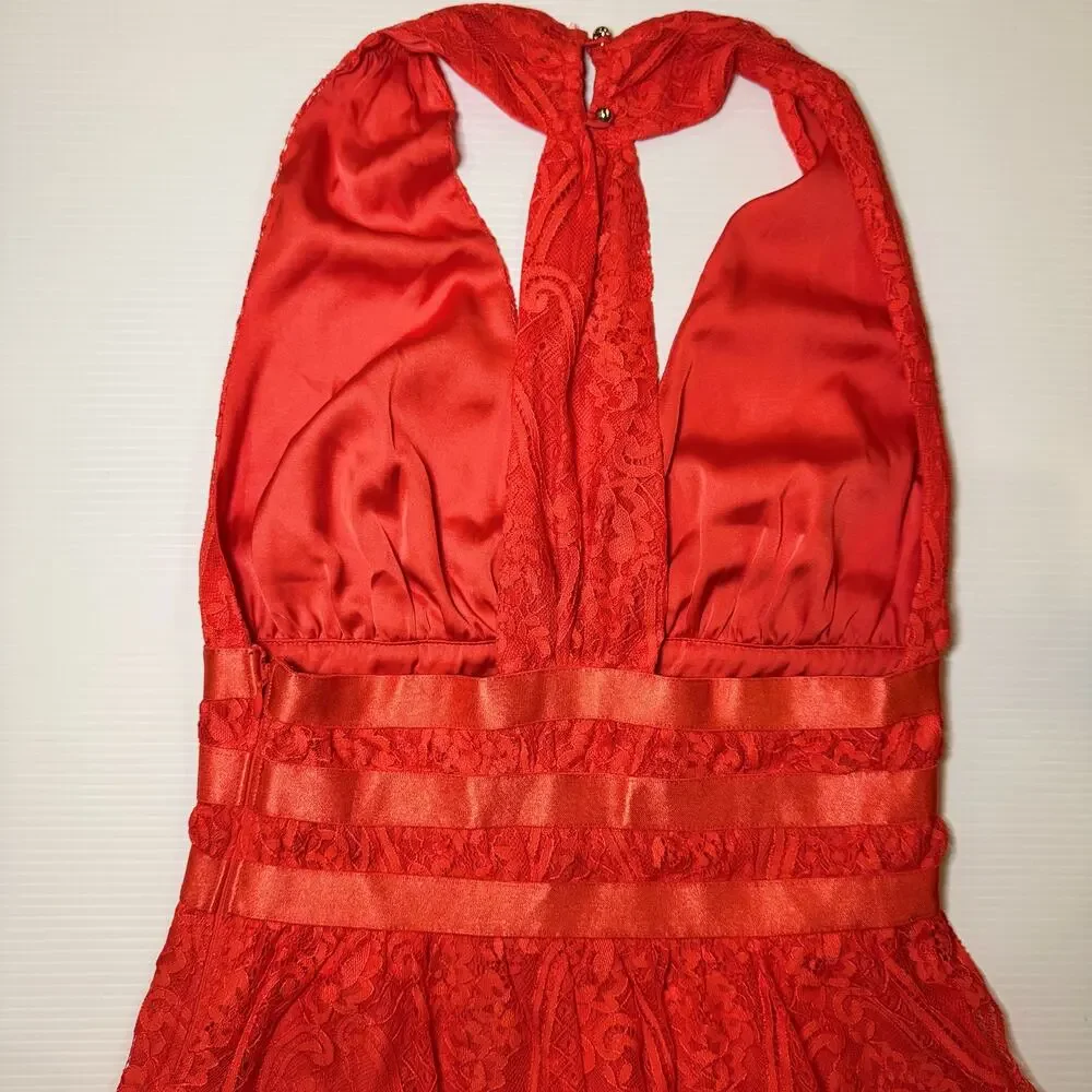 Bebe Lace Halter Peplum Top Poppy Red Women’s Small Plunge Satin Waist Y2K Party - Picture 16 of 16